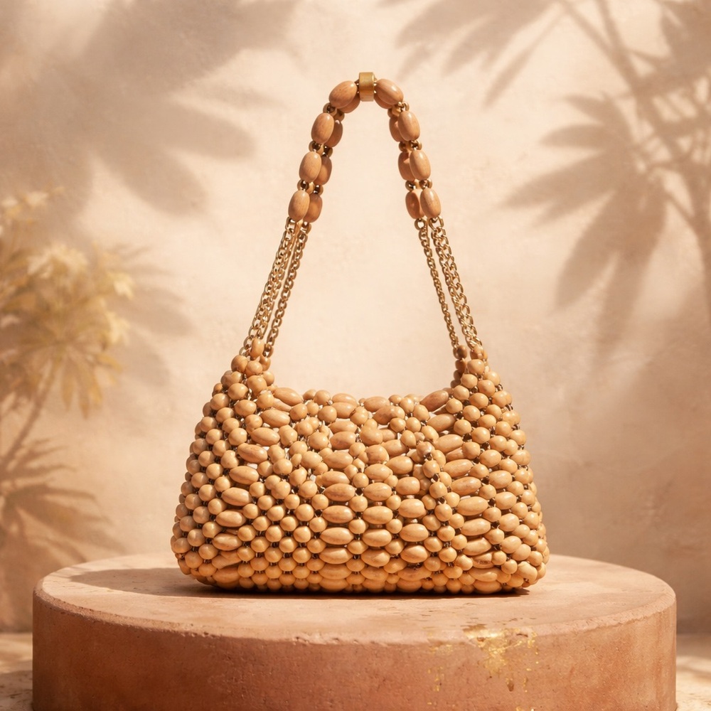 Vintage 1960’s Wooden Bead Handbag Purse Chain Strap Made in Japan An Exclusive - Picture 2 of 13